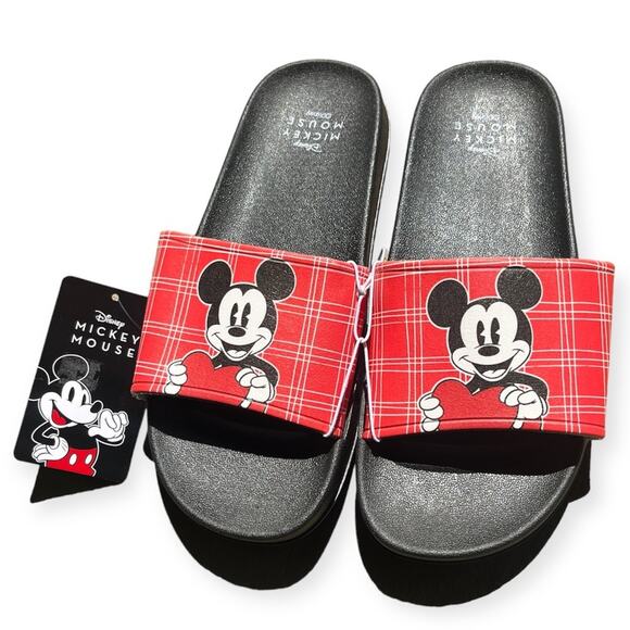 Disney Shoes - DISNEY Mickey Mouse Red Plaid Slide Sandals 37/6.5 Heart Womens Classic Cartoon